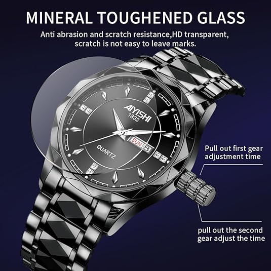 Watch for Men Diamond Business Dress Analog Quartz Stainless Steel Waterproof Luminous Date Luxury Casual Wrist Watch